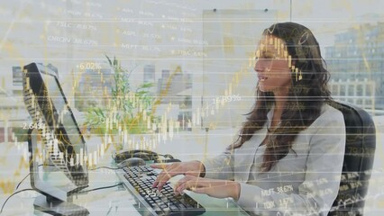 Poster - Animation of financial data processing over caucasian businessman using computer