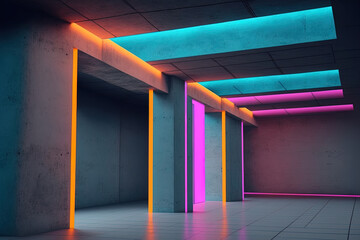 Poster - Neon lighting is used in an abstract concrete interior multilevel public space. Generative AI