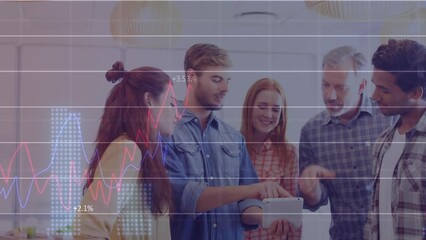 Poster - Animation of financial data processing over diverse business people using tablet in office