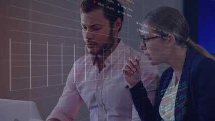 Poster - Animation of financial data processing over diverse business people using tablet in office