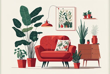 Scandinavian Design For A Vintage Living Space. A Cozy Apartment With A Red Sofa, An Armchair, Wall Art, And Green Houseplants Is Decorated In The Current Scandinavian Hygge Style. Flat Drawing