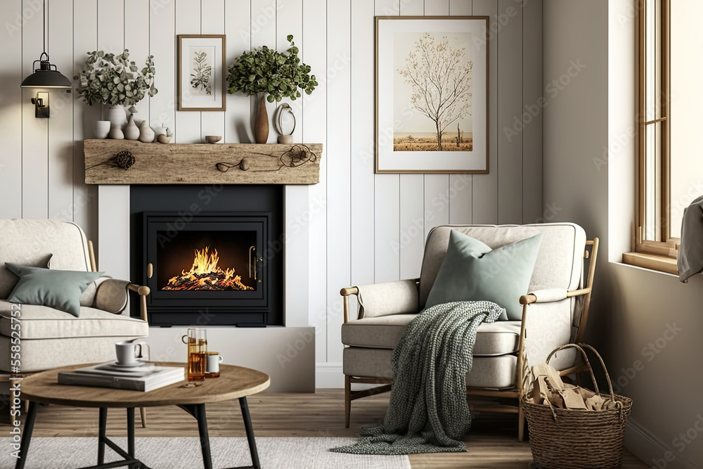 cozy interior of a farmhouse living room. Generative AI Stock ...