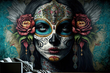 3D Illustration Of A Beautiful Woman Dressed For Mexican Day Of The Dead