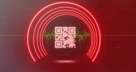 Poster - Animation of qr code in circular tunnel over graphs against abstract background