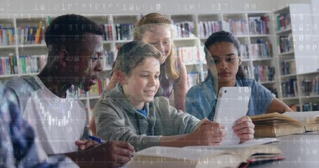 Poster - Animation of data processing and globe over diverse students using tablet