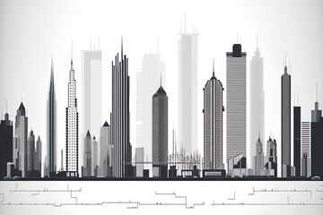 Wall Mural - a single line city Skyscraper structures, a linear townscape, and a contemporary downtown or business center illustration set cityscape with straight lines and skyscrapers. Generative AI