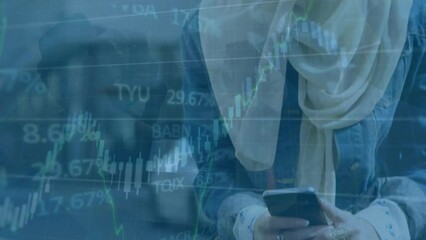 Poster - Animation of trading board, graph, biracial woman in hijab using smartphone over coworkers in office