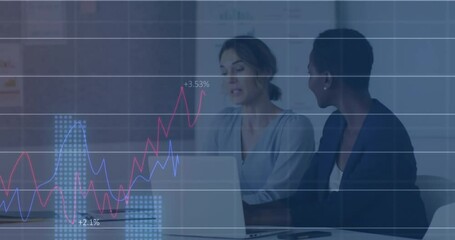 Poster - Animation of graphs and numbers over diverse female coworkers analyzing report over laptop in office