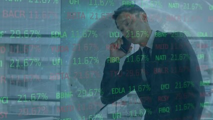 Poster - Animation of globe, statistics and data processing over caucasian businessman using smartphone