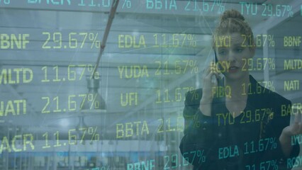 Poster - Animation of statistics and data processing over caucasian businesswoman using smartphone
