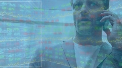 Poster - Animation of statistics and data processing over caucasian businessman using smartphone