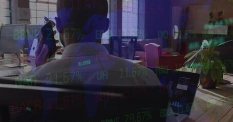 Poster - Animation of stock market data processing over rear view of man talking on smartphone at office