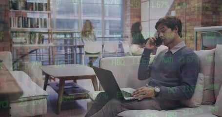 Poster - Animation of stock market data processing over caucasian man talking on smartphone at office