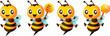 Cartoon cute bee mascot set with different poses, bee open arms excitedly, victory hand signs, holding honey dipper and honey comb sign. Cartoon bee character series illustration