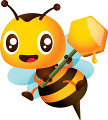 Cartoon cute winking eye bee with two hands holding honey comb shaped signage. Honey dripping from honey comb illustration