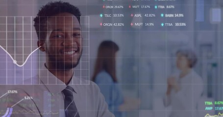 Poster - Animation of graphs, trading board on smiling african american man standing arms crossed in office
