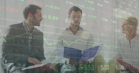 Poster - Animation of changing numbers over diverse coworkers sharing ideas in meeting at office