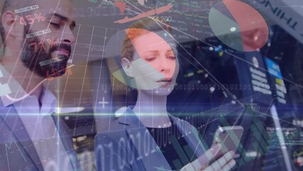 Poster - Animation of statistics and financial data processing over diverse business people at airport