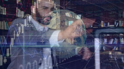Poster - Animation of globe, statistics and data processing over biracial businessman