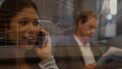 Poster - Animation of statistics and data processing over diverse business people at airport