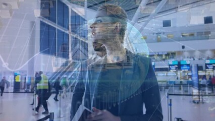 Poster - Animation of globe, statistics and data processing over diverse business people at airport