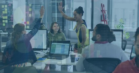 Poster - Animation of statistics and financial data processing over diverse business people in office