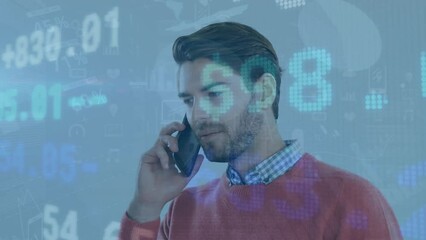 Poster - Animation of stock market over caucasian businessman using smartphone