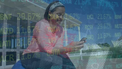 Poster - Animation of stock market over caucasian woman using smartphone