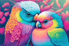 Couple Of Colorful Parakeets, Representing Love And Relationship. Rainbow Pastel Colors. 