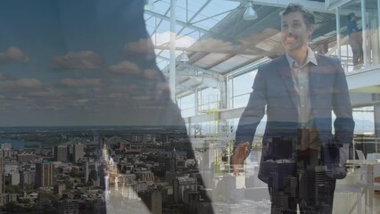 Aufkleber - Animation of diverse businesspeople shaking hands over modern cityscape against cloudy sky