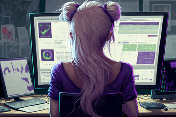 Back view of a female software developer, hacker, blonde hair, purple theme, office, computer screen, writing code, Generative AI