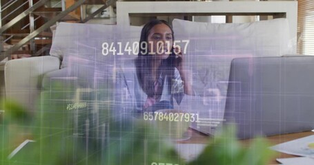 Poster - Animation of financial data processing over african american woman using laptop