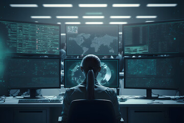 Control room, back view of a female software developer, hacker, dark hair, outfit, blue theme, multiple computer screens, Generative AI