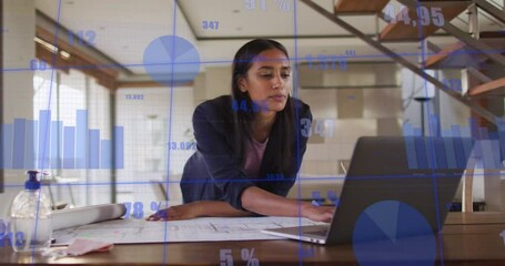 Poster - Animation of financial data processing over african american woman using laptop