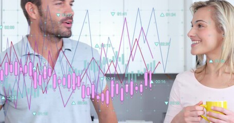 Poster - Animation of financial data processing over caucasian couple drinking coffee