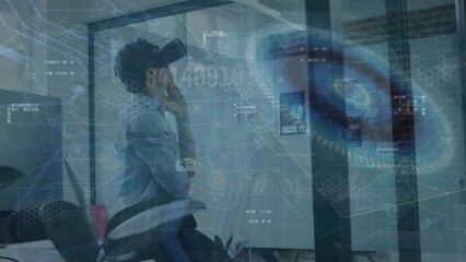 Poster - Animation of red shapes and map with data processing over caucasian businessman using vr headset