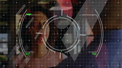 Poster - Animation of financial data processing and scope scanning over diverse business people