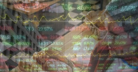 Poster - Animation of financial data processing over caucasian in bakery