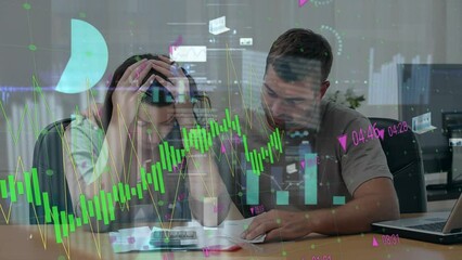Poster - Animation of data processing over caucasian couple working at home