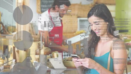Poster - Animation of financial data processing over senior caucasian woman using smartphone