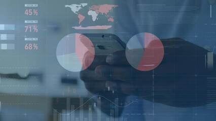 Poster - Animation of financial data processing over african american man using smartphone