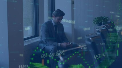 Poster - Animation of graphs, changing numbers on caucasian businessman sitting on sofa and using cellphone