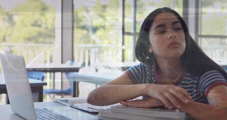 Poster - Animation of financial data processing over biracial schoolgirl sleeping by laptop in class