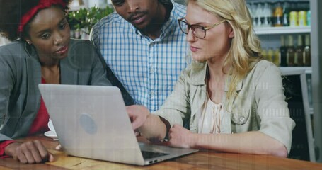 Poster - Animation of financial data processing over diverse business people using laptop