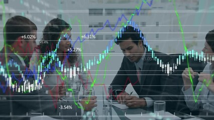 Poster - Animation of financial data processing over diverse business people in office