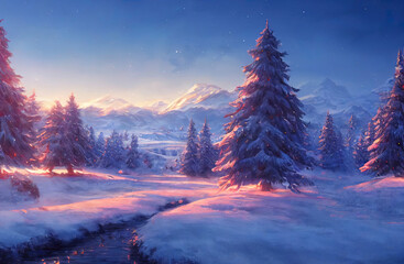  beautiful winter landscape with snow and pine trees, landscape illustration with christmas theme