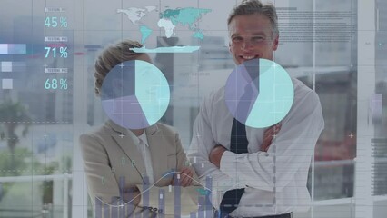 Poster - Animation of financial data processing over diverse business people in office