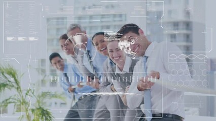 Poster - Animation of financial data processing over diverse business people pulling rope in office