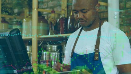 Poster - Animation of financial data processing with blue lines over man using tablet in shop