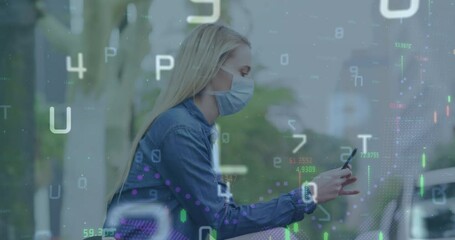 Poster - Animation of financial data processing over woman in face mask using smartphone